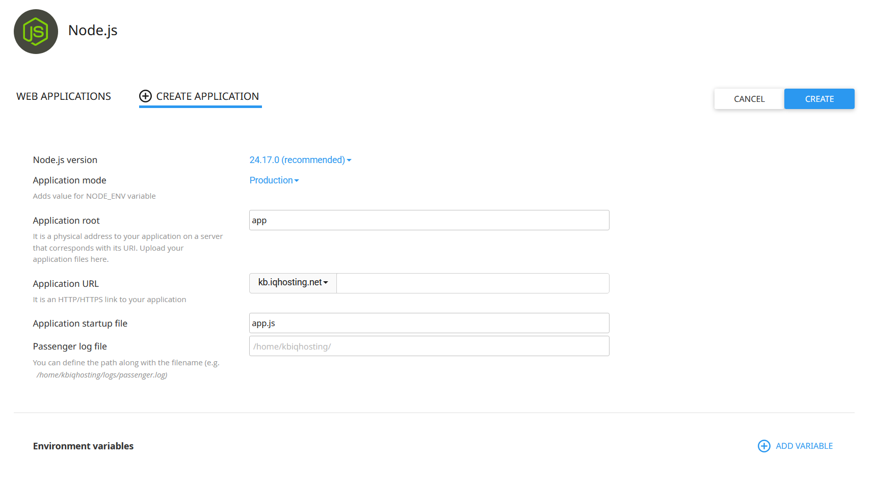 إعدادات إنشاء تطبيق Node.js في cPanel