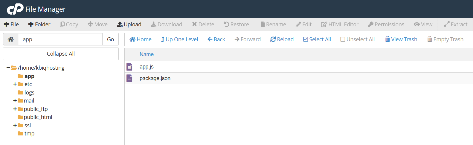 رفع ملفات تطبيق Node.js داخل مجلد مستقل في cPanel
